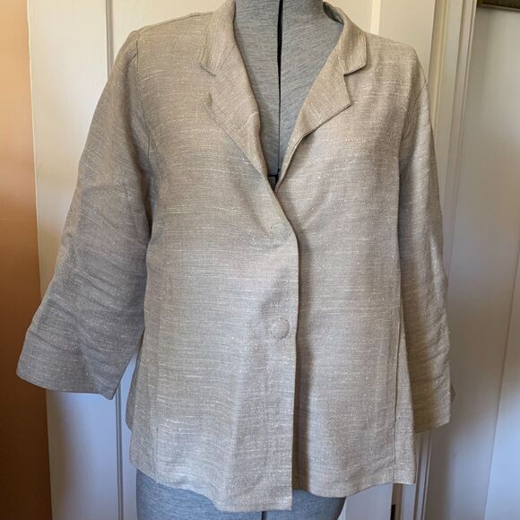 Eileen Fisher Linen & Silk Blend Oatmeal Bracelet Sleeve Jacket Sz M Snap Front - Picture 1 of 6